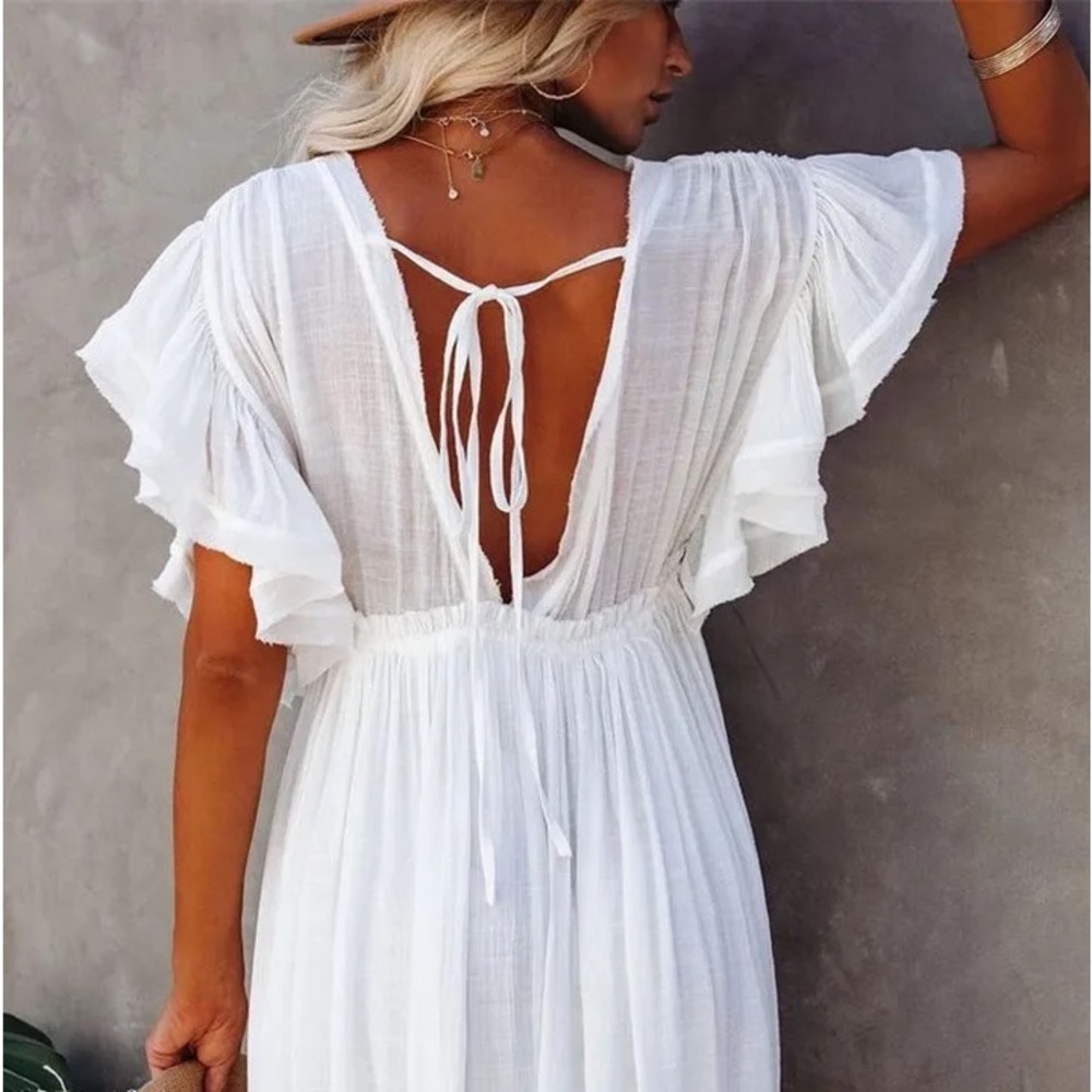 #30 Gorgeous White Bohemian Button Down Vacation Flowy Ruffled Resort Maxi Dress - Picture 3 of 10